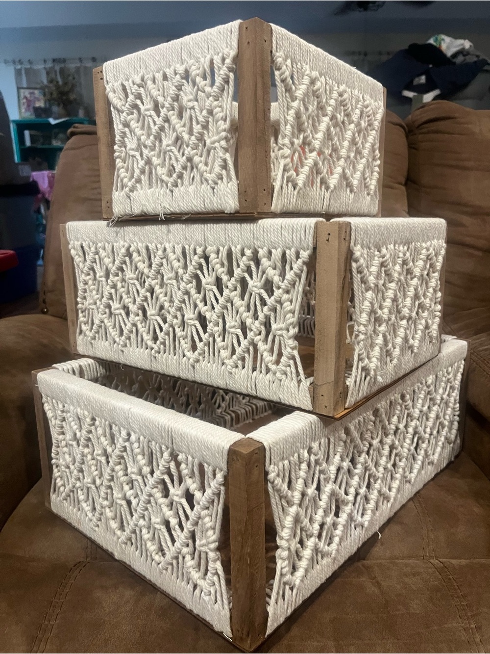 Cream Cotton Rope Storage Baskets with Wood Accents - Set of 3
